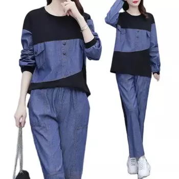 Комплект из 2 предметов, весна-осень, ковбойский женский костюм, новинка 2021, подходящий ко всему женский костюм из джинсовой ткани с длинным рукавом и прострочкой, Женский костюм из двух предметов