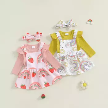 Комплект из 3 предметов для маленьких девочек, комбинезон в рубчик с длинным рукавом и оборками, комбинезон с радужным клубничным принтом, юбка, повязка для волос, наряды для малышей