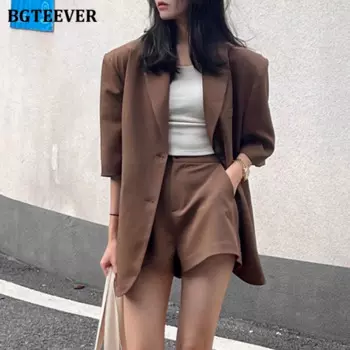 Комплект из двух предметов BGTEEVER Женский, модный однобортный пиджак с коротким рукавом и шорты с широкими штанинами и высокой талией, летняя одежда
