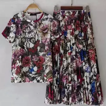 Комплект из двух предметов с винтажным принтом, футболка с круглым вырезом и коротким рукавом, Новинка лета 2024, женский свободный костюм с эластичной талией