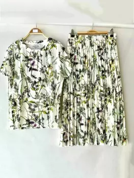 Комплект из двух предметов с винтажным принтом, футболка с круглым вырезом и коротким рукавом, Новинка лета 2024, женский свободный костюм с эластичной талией