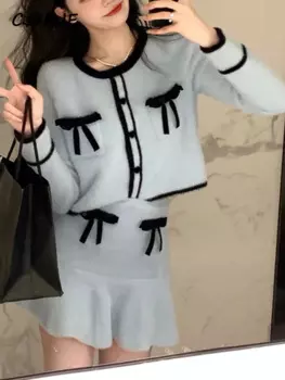 Комплект из двух предметов, женские дизайнерские костюмы в Корейском стиле с бантом и мини-юбкой, женские розовые повседневные милые костюмы в стиле пэчворк Y2k, осень 2022