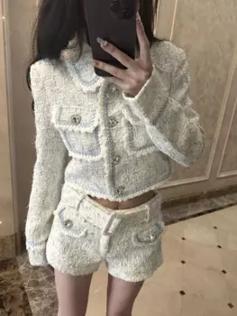 Комплект из двух предметов Женский, элегантный повседневный укороченный топ и шорты, офисный модный костюм в Корейском стиле, Y2k, весна-осень