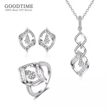 Комплект из колье и серёг, из циркония, серебра 925 пробы