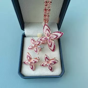 Комплект из колье, серёг и кольца, с розовым фианитом