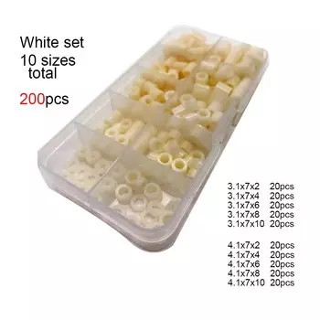 200 шт./компл. M3 M4, 10 размеров, черный, белый, АБС-пластик, нейлон, пластик, без резьбы, прокладка, полая стойка, набор шайб, коробка, ассортиментный комплект