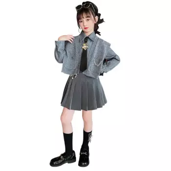 Комплект из трех предметов для девочек, Трикотажный жилет, блузка и юбка-пачка, модный костюм серого цвета, корейский стиль, весна-осень