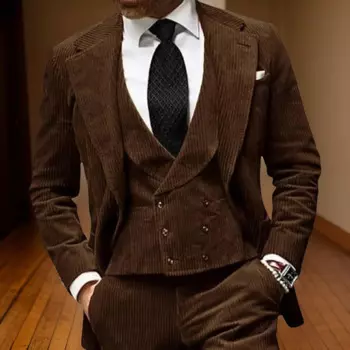 Комплект из вельветовых мужских костюмов из 3 предметов для жениха, приталенный свадебный смокинг на заказ, мужской модный костюм (куртка + жилет + брюки)