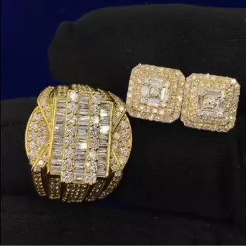 Комплект колец в стиле хип-хоп, серьги Iced Out, стерлинговое серебро 925 пробы, желтое золото, кольцо с муассанитом багетной огранки Vvs