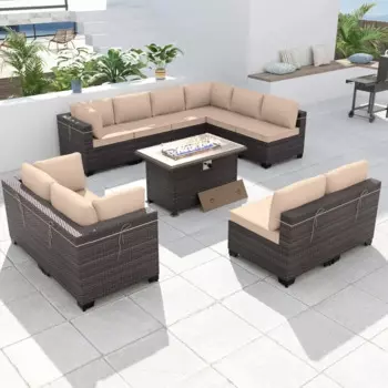 Комплект мебели для патио из 11 предметов, плетеные наборы для бесед на открытом воздухе из ротанга, секционный диван для уличной мебели, серая подушка 4 дюйма.