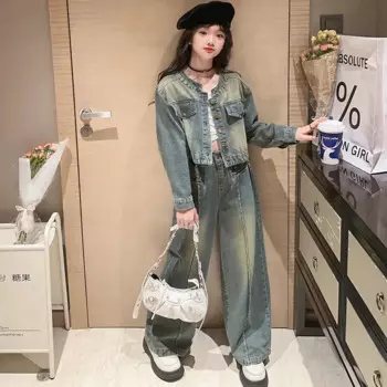 Комплект одежды для девочек из 2 предметов, Повседневная джинсовая куртка и джинсы с широкими штанинами, Школьный костюм для девочек-подростков, осень 10, 12, 13