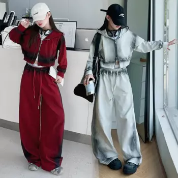 Комплект одежды для девочек-подростков из 2 предметов, короткий свитшот на молнии с капюшоном и брюки с широкими штанинами, Детский костюм на осень 14