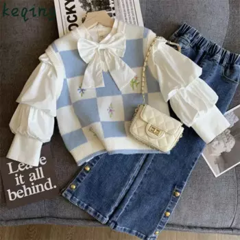 Комплект одежды для девочек-подростков, жилет, комплект из трех предметов, джинсовая рубашка, расклешенные брюки, осенний костюм для девочек