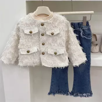 Комплект одежды для девочек, весна-осень, принцесса, детская Милая верхняя одежда с кисточками для девочек, пальто, джинсы, брюки, винтажная одежда, костюм для девочек