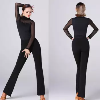 Комплект одежды для латиноамериканских танцев, топы и брюки, черный сексуальный сетчатый топ с длинным рукавом, танцевальные брюки, костюм тела