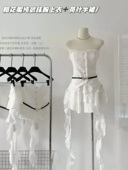 Комплект одежды Gyaru из 2 предметов, белая майка с блестками и поясом, уютная и плиссированная юбка с оборками и эластичным поясом, Женский банкетный костюм