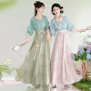 Комплект одежды Hanfu Женский с круглым вырезом, рубашка с коротким рукавом и юбка, летний повседневный костюм из 2 предметов, размеры XL