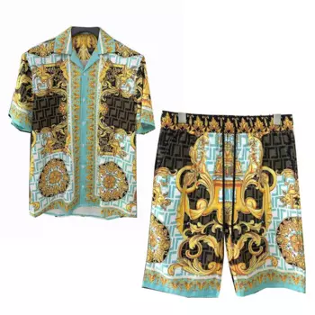 Комплект одежды мужской из 2 предметов, дизайнерская рубашка с коротким рукавом и шорты, Роскошный королевский костюм, лето