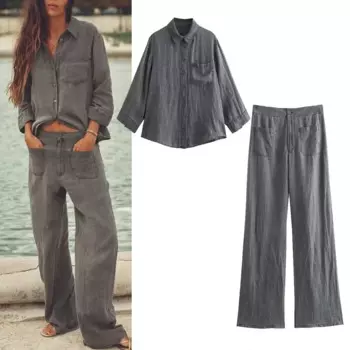 Комплект пижамный женский простой из 2 предметов, блузка и брюки, повседневный однобортный Топ с длинным рукавом и прямые длинные штаны, домашняя одежда для сна