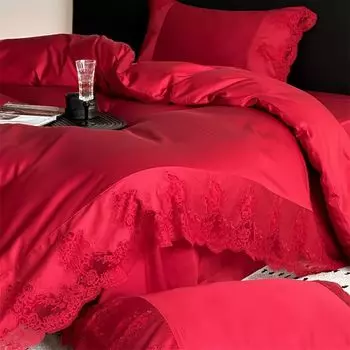 Комплект постельного белья Fat Fairy HOME TEXTILE, красный, винтажный, кружевной, лиоцелл, хлопок