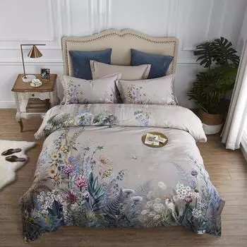 Комплект постельного белья IvaRose HOME TEXTILE 4 шт., птицы и цветы, серый, 100% хлопок
