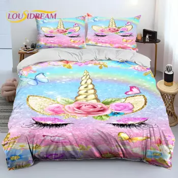 Комплект постельного белья с милым мультяшным единорогом, Комплект постельного белья с пододеяльником, пододеяльником, наволочкой, королевский комплект постельного белья для детей, подарок