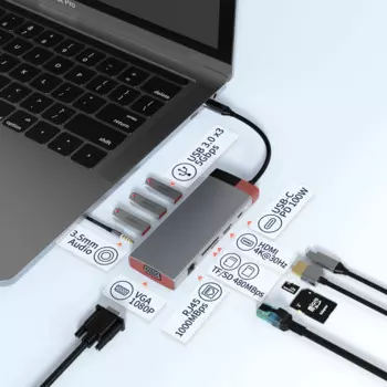 Концентратор USB C, 10 портов с 4K HDMI-совместимым VGA Type C PD USB3.0 RJ45 Ethernet SD/TF кардридер док-станция