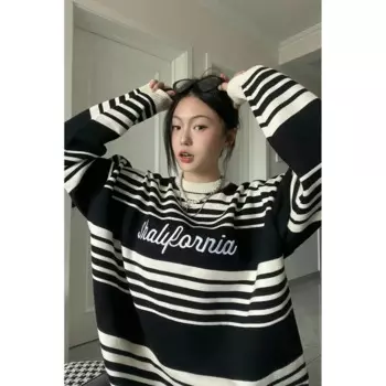 Контрастный полосатый свитер для женщин, модный свободный свитер в Корейском стиле для молодых пар, Осень-зима