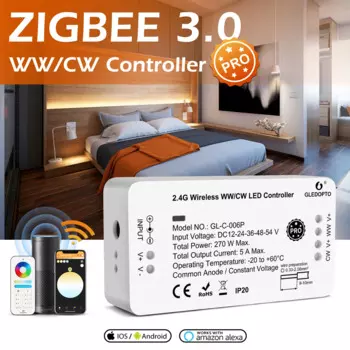 Контроллер Zigbee 3,0 Smart Pro WW/CW с теплым и холодным белым светом, работа с приложением SmartThings, пульт дистанционного управления Alexa Echo Plus 2,4G RF