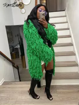 Kontturi Осенняя трикотажная куртка с кисточками для женщин 2023 одежда с длинным рукавом с открытым стежком повседневная одежда черная однотонная Длинная женская куртка