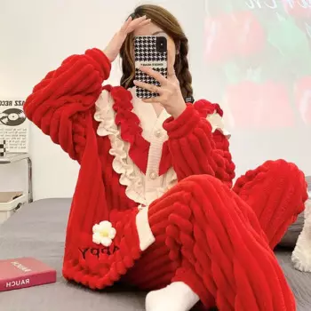 Коралловая бархатная Пижама для женщин осень/зима фланелевый кардиган теплая толстая красная Домашняя одежда пижамный комплект с длинным рукавом женские пижамы