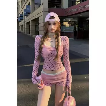 Korejepo Sweet Spicy Style Age Reducing Bow Design Топ с длинными рукавами в горошек Осенний новый тонкий костюм с высокой талией для женщин