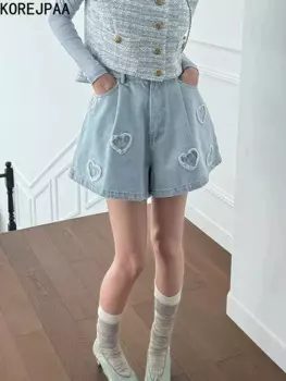 Korejpaa, корейские шикарные летние женские шорты, лоскутный дизайн с милым сердечком, утягивающие широкие джинсовые шорты с высокой талией, низ