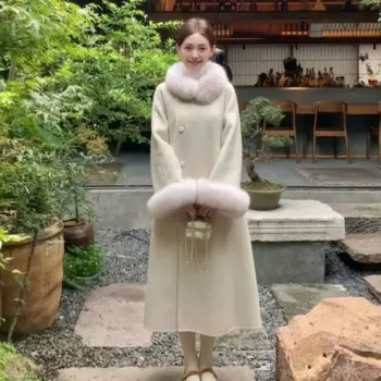 Корейская и японская осенне-зимняя Длинная шерстяная накидка с меховым воротником шерстяное пальто роскошное кашемировое пончо