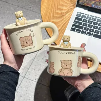 Корейская керамическая кружка с милым медведем и крышкой для девушек, кружка для завтрака, молока, кофе, подарок на день рождения