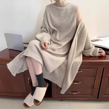 Корейская версия Iazy, длинная юбка, вязаный кардиган из двух частей, женский новый сарафан с высоким воротником на осень и зиму
