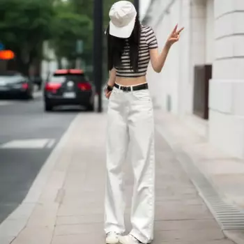 Корейские модные белые широкие прямые джинсы, женские свободные универсальные брюки для мытья полов, универсальные удлиненные брюки-карго с высокой талией