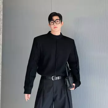 Корейский дизайн, мужские свитера SYUHGFA, трикотажные мужские топы с воротником-стойкой и трехмерными наплечниками