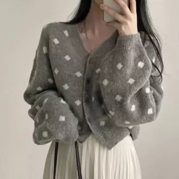 Корейский Ins, осенний винтажный однобортный вязаный кардиган в горошек с v-образным вырезом контрастного цвета, повседневный свободный укороченный свитер, пальто Y2k