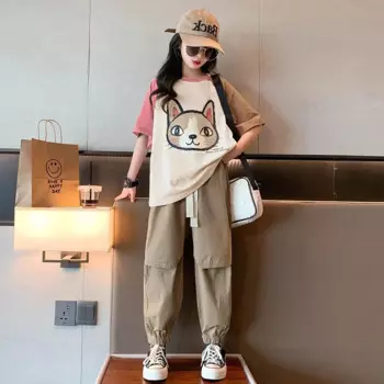 Корейский Летний детский спортивный костюм для девочек-подростков, футболка контрастных мультяшных героев + брюки, спортивный костюм для девочек, 2024