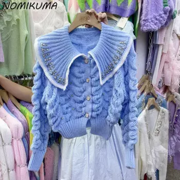 Корейский осень-зима 2023, новинка, шикарный однобортный короткий свитер Nomikuma с воротником Питер Пэн и бриллиантами, кардиганы с длинным рукавом