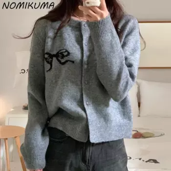 Корейский шикарный весенний вязаный кардиган Nomikuma с вышивкой бантом, новинка 2024, модный однобортный свитер с круглым вырезом, трикотажное пальто