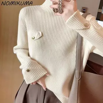 Корейский шикарный Зимний Элегантный трикотажный базовый свитер Nomikuma с высоким воротником в Корейском стиле ретро Однотонный свитер с длинными рукавами для женщин