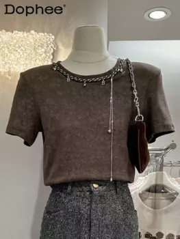 Корейский стиль, тяжелая промышленность, эластичный тонкий короткий топ, сексуальная девушка, осень 2024, новая женская футболка с круглым вырезом и коротким рукавом