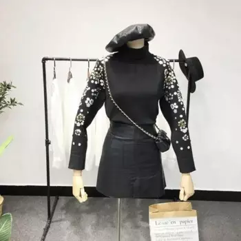 Корейский женский свитер, Модный облегающий базовый Вязаный топ с блестками и цветочным принтом, универсальный черный джемпер с длинным рукавом