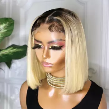 Короткий боб, 16 дюймов, 180 Плотность T613, Ombre Blond, шелковый, прямой парик спереди, для чернокожих женщин, с детскими волосами, предварительно выщипанные, бесклеевые