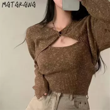 Короткий кардиган Matakawa из 2 предметов, Осень-зима, корейская мода, винтажные женские свитера, острые сексуальные женские свитера