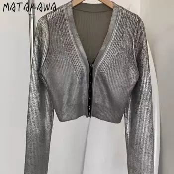 Короткий кардиган Matakawa, однотонный серебристый винтажный осенне-зимний женский свитер с V-образным вырезом, корейская мода, тонкие женские свитера