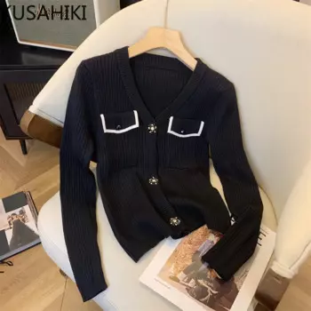 Короткий облегающий элегантный корейский трикотажный свитер популярного цвета с V-образным вырезом для женщин, новинка весны 2024, вязаное пальто для девушек
