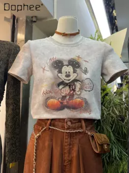 Короткий топ с мультяшным принтом, новинка осень-зима 2024, популярная облегающая футболка в тяжелой промышленности с бриллиантами и коротким рукавом, женская футболка Ins